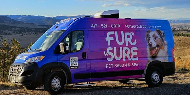 Fur Sure Grooming mobile pet salon parked outside in Denver